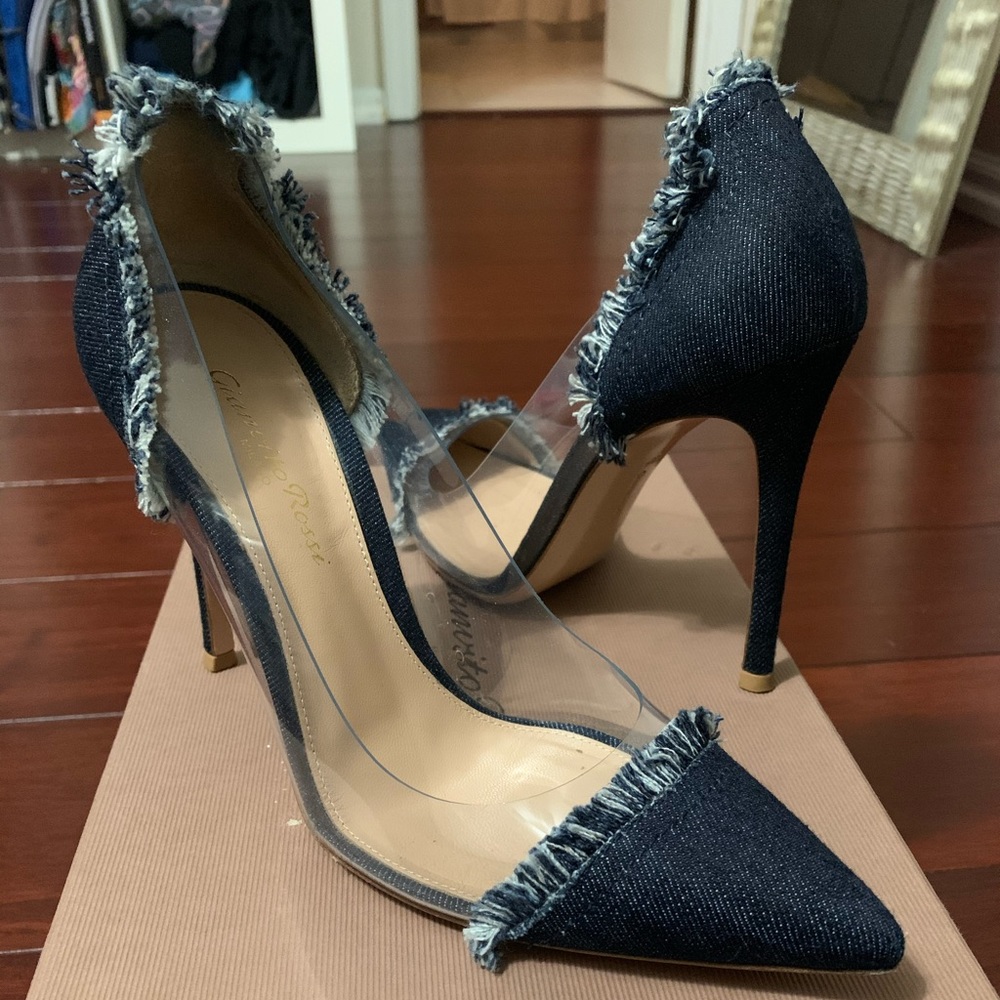 Gianvito Rossi Distressed Denim D’Orsay Plexi Pumps- 37